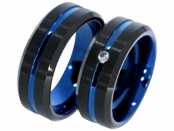 2 KERAMIK RINGE SCHWARZ-BLAUE CARBON TRAURINGE PARTNERRINGE